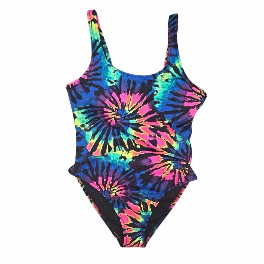 PINK Active One Piece Swimsuit NWT MEDIUM Tie Dye Neon Scoop Back